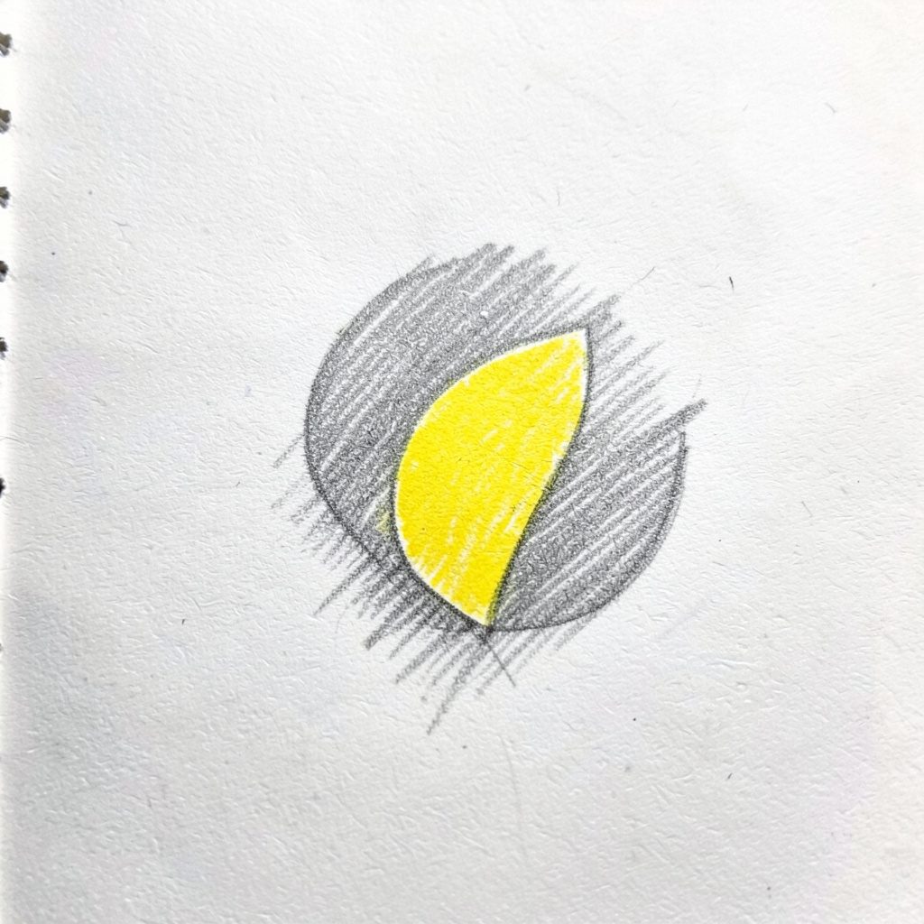 Loose graphite sketch of a small rectangular hotel logo mark in soft yellow pencil against a white background, minimal and clean.