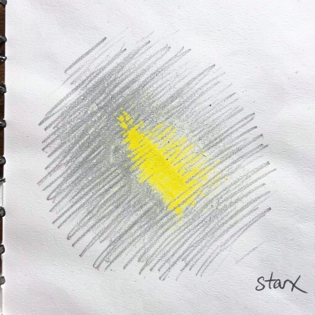 Graphite pencil sketch of glowing stars on a dark night-sky background, deep navy and gold tones, moody and glamorous