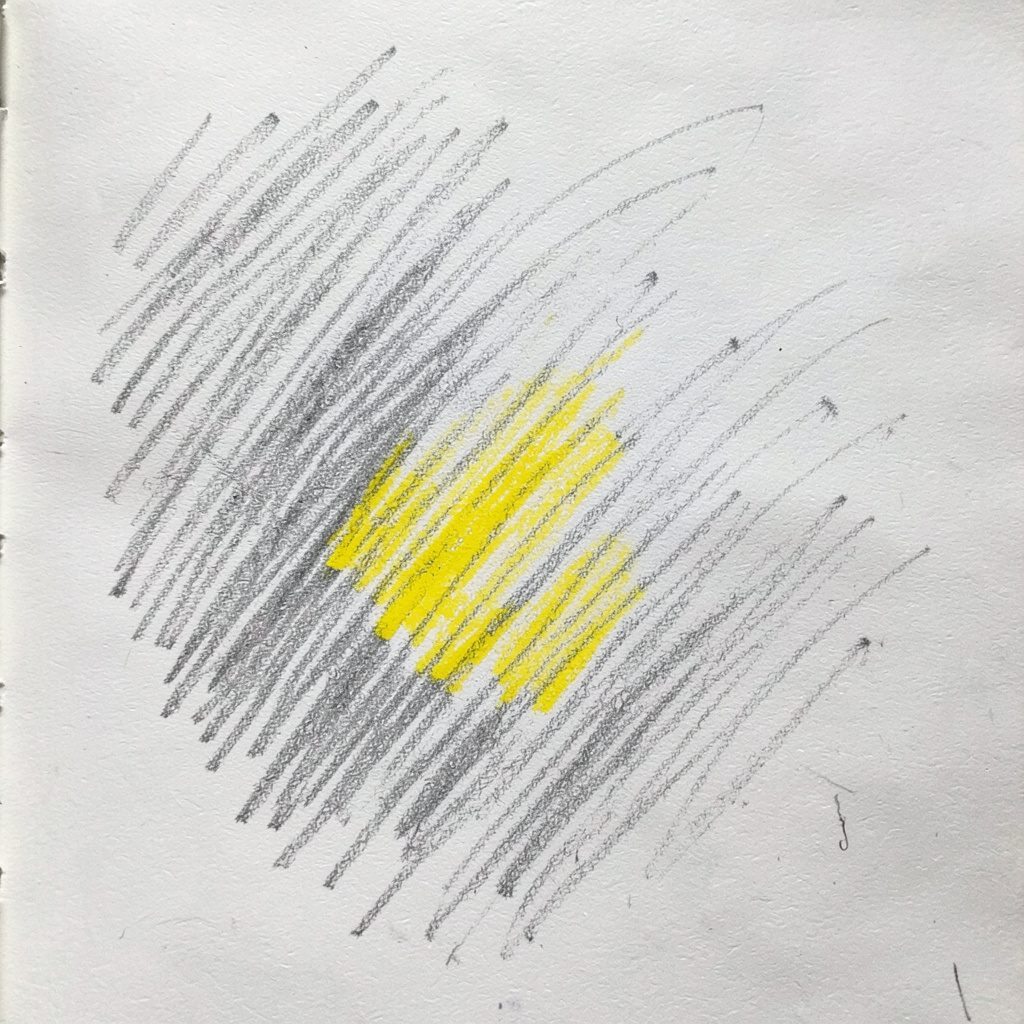 Pencil sketch of a glowing hotel entrance at night with soft warm light spilling onto the sidewalk, deep blues and muted gold